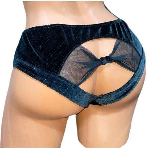 Victoria’s Secrets Sexy Shimmer Velvet Peek-A-Boo mesh bow Hiphugger panty black - Picture 1 of 3